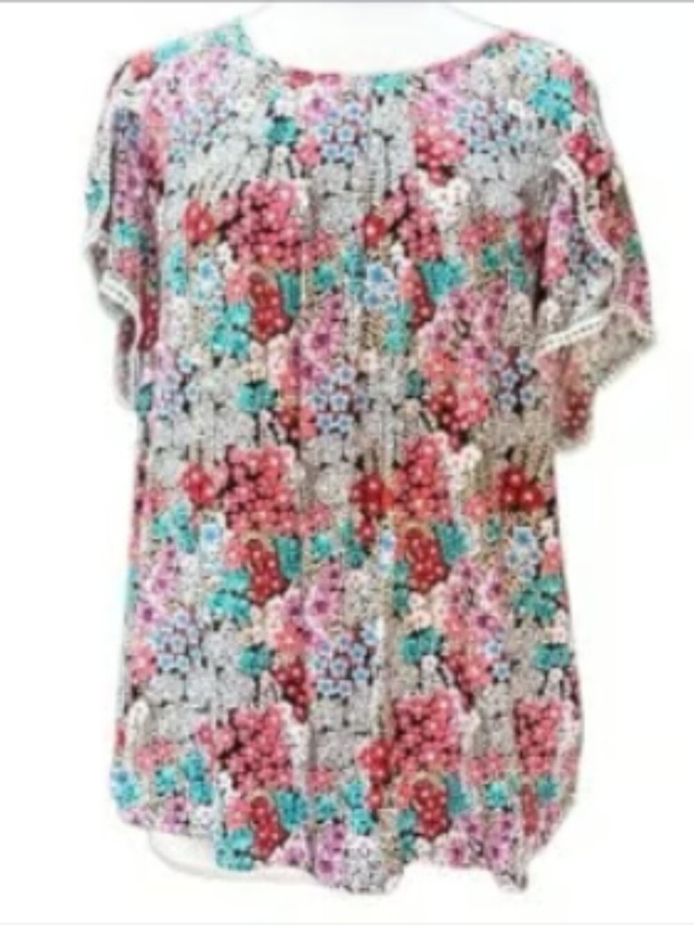 Colorful Floral Blouse Lightweight Short Sleeve Top Flowy Lace Trim Comfy XXL